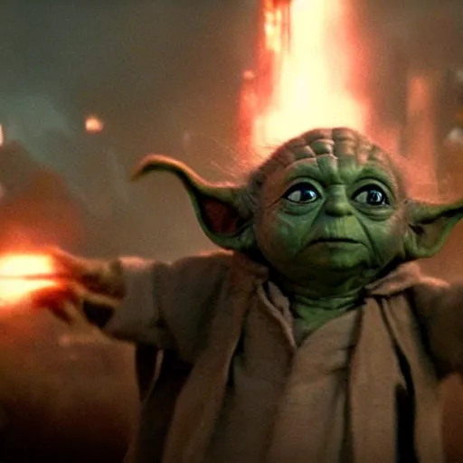 Prompt: movie still of yoda as godzilla destroying tokyo in the new godzilla movie, giant yoda