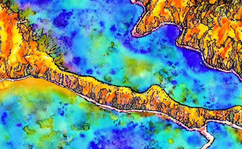Prompt: golden bay abel tasman new zealand in the style of psychedelic watercolor painting, digital art, high quality, highly detailed, high coherence,, concept art, marterpiece
