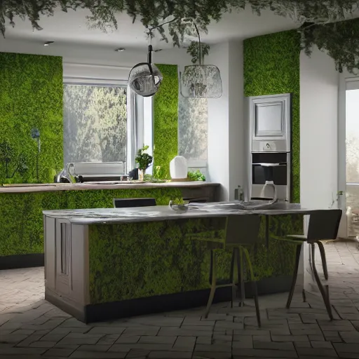 Image similar to unusual kitchens, overgrown with vegetation model inside crystal ball, octane render hyperdetailed,