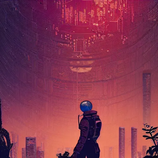 Image similar to Stunningly intricate illustration of single cyberpunk explorer overlooking lush forest, highly detailed, midnight, small glowing orbs by Victo Ngai and James Gilleard , Moebius, Laurie Greasley