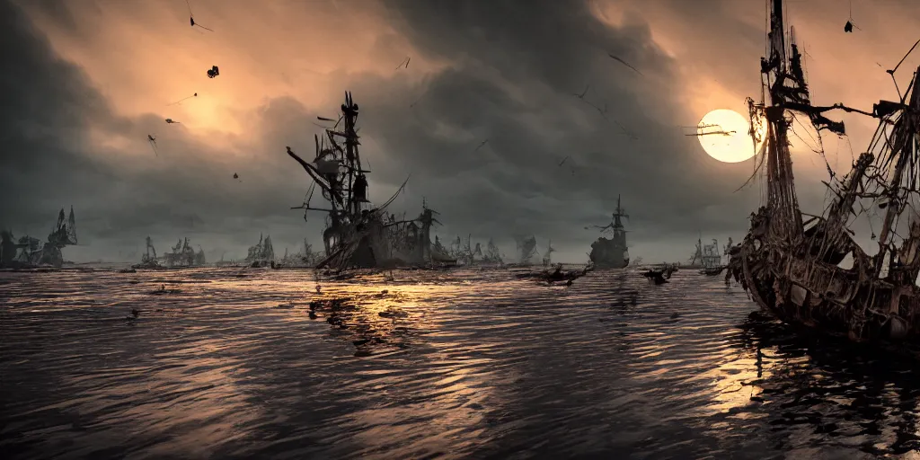 Image similar to shipwrecked spanish galleon, mast and tattered sails, sinking in the mekong delta, sunset, clouds, moonlight, wrecked sunken pirate ship in river, tall mast, shipwrecks, deconstructed ship, pirate symbol, ghost ship, vietnamese fishing boats, cinematic lighting, hyper realistic, mist, octane render, 8 k volumetric, hyper detailed, ripples, reflections