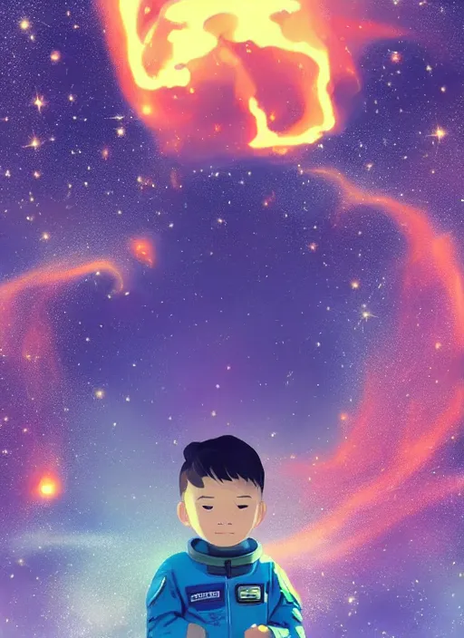 Image similar to little boy with short blonde hair. he is floating in space. he is wearing a space suit. background is a nebula. clean cel shaded vector art. shutterstock. behance hd by lois van baarle, artgerm, helen huang, by makoto shinkai and ilya kuvshinov, rossdraws, illustration, art by ilya kuvshinov