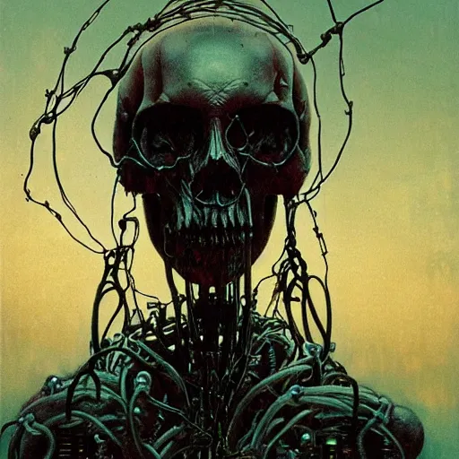 Image similar to horrific cyborg, horror movie lighting, exposed skull and wires, beksinski art style,