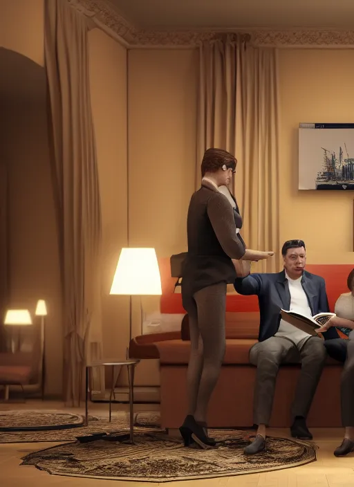 Image similar to an energetic politician reads to a spy in a lounging room, digital art, unreal 5, DAZ, hyperrealistic, octane render, dynamic lighting