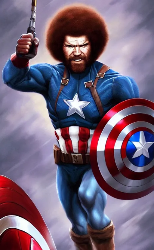 Image similar to bob ross as captain america, dynamic lighting, cinematic, ultra detailed, trending on art station, stunning visuals, creative, fantasy concept art