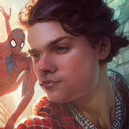 Image similar to Beautiful portrait of spiderman, wide angle, intricate, wild, highly detailed, digital painting, artstation, concept art, smooth, sharp focus, illustration, art by artgerm and greg rutkowski and alphonse mucha - W 768