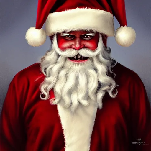 Image similar to frontal upper view of evil santa claus, serious expression, cream colored clothes robe, no red in clothes, red grinning mouth, cream colored background, fine art, award winning, intricate, elegant, sharp focus, cinematic lighting, digital painting, 8 k concept art, by michael hussar and greg manchess and brom and z. w. gu, 8 k