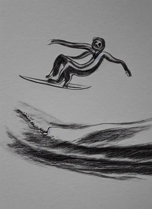Image similar to black ink drawing of sloth riding surfboard