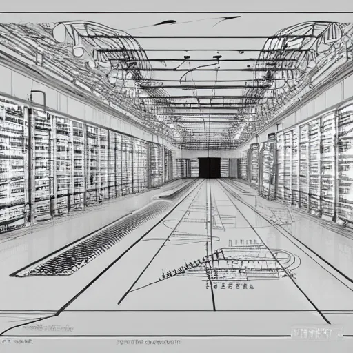 Image similar to highly detailed, datacenter construction electrical schematic, one line drawing, concept art, character art, studio lightning, bright colors, intricate, masterpiece, photorealistic, hyperrealistic, sharp focus, high contrast, artstation hq, deviantart trending, 4 k uhd, unreal engine 5