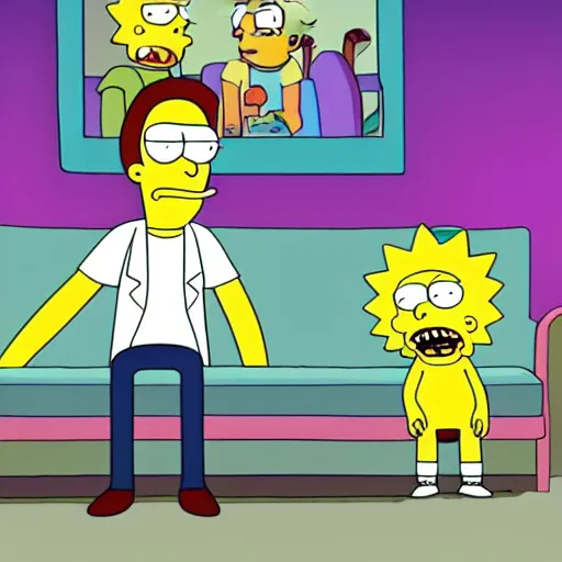 Image similar to Rick & Morty starring in the simpsons couch-gag