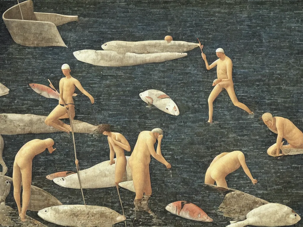 Image similar to Painter washing his brush in the river. Giant fishes. Painting by Alex Colville, Piero della Francesca.