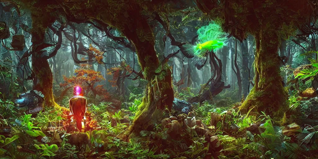 Image similar to 3 d scene of forest portal modelling. woodsman wearing a steampunk and neonpunk mechanical fluorescent mystical animal mask. betta fish, jellyfish phoenix, bio luminescent, plasma, ice, water, wind, creature, artwork by tooth wu and wlop and beeple and greg rutkowski, ambient occlusion, award winning photograph, epic cinematic shot