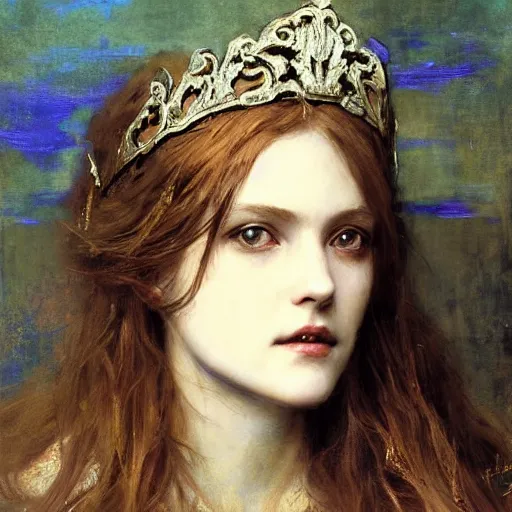 Prompt: detailed realistic beautiful young medieval queen face portrait by ruan jia, art nouveau, symbolist, visionary, gothic, pre - raphaelite
