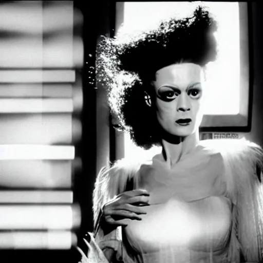 Image similar to cinematic portrait of bride of frankenstein as a replicant in a nightclub, confused and angry, still from the movie bladerunner, fashion photography, a neon sign is in the background