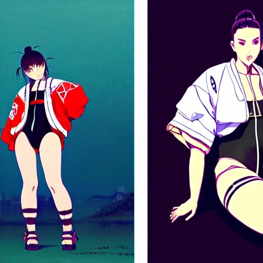 Image similar to a beautiful plus sized model japanese natalie portman, alluring, wearing oversized mayan bomber jacket and leotard with overalls, bulky poofy bomber jacket with mayan patterns, aztec street fashion, gapmoe yandere grimdark, trending on pixiv fanbox, painted by greg rutkowski makoto shinkai takashi takeuchi studio ghibli, akihiko yoshida