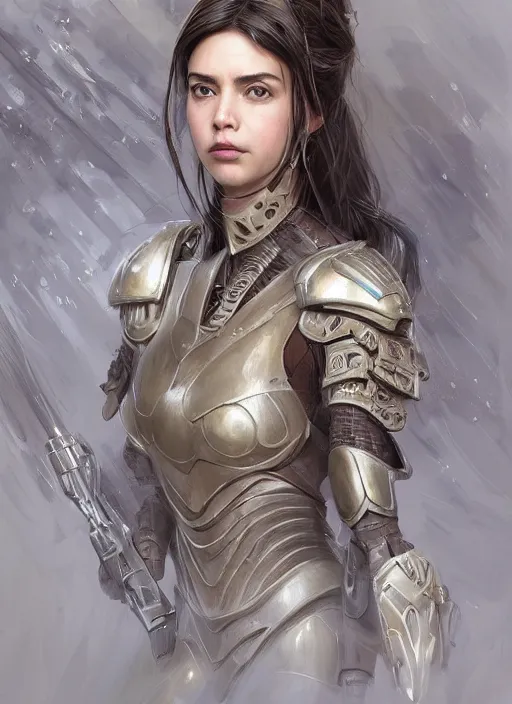 Image similar to a professional portrait of a beautiful young female, clothed in ethereal battle armor, olive skin, long dark hair, beautiful bone structure, symmetrical facial features, intricate, elegant, digital painting, concept art, smooth, sharp focus, finely detailed, illustration, from Valerian and the City of a Thousand Planets, in the style of Ruan Jia and Mandy Jurgens and Artgerm and Greg Rutkowski and William-Adolphe Bouguerea