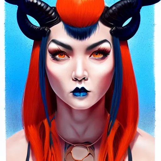 Image similar to illustrated realistic portrait of ram-horned devil woman with blue bob hairstyle and her tangerine colored skin and with solid black eyes wearing leather by rossdraws