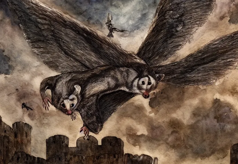 Image similar to epic winged possum flying over a medieval castle under a dark starred sky, dark fantasy, watercolor, dreaming illusion, highly detailed, 4k, trending on Artstation, award-winning