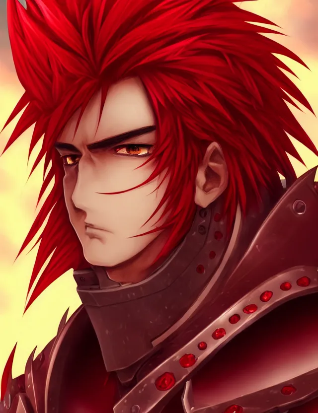 Image similar to a detailed manga portrait of a handsome tall man with spiked crimson hair in fiery crimson crystalline armour, trending on artstation, digital art, 4 k resolution, detailed, high quality, sharp focus, hq artwork, coherent, insane detail, character portrait