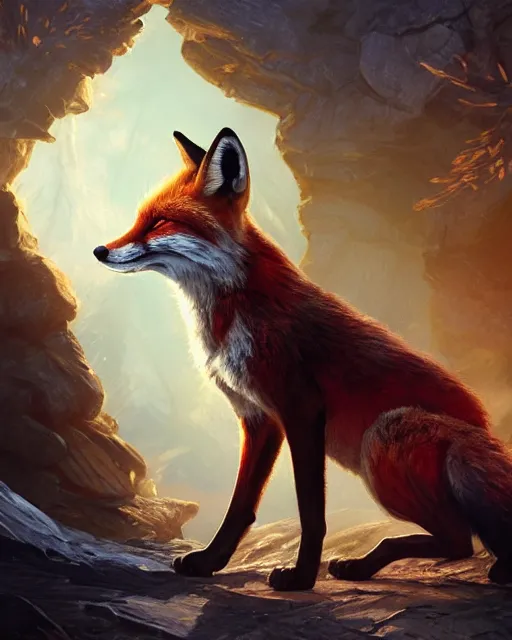 Image similar to What does the fox say, portrait, magic the gathering artwork, D&D, fantasy, cinematic lighting, centered, symmetrical, highly detailed, digital painting, artstation, concept art, smooth, sharp focus, illustration, volumetric lighting, epic Composition, 8k, art by Akihiko Yoshida and Greg Rutkowski and Craig Mullins, oil painting, cgsociety