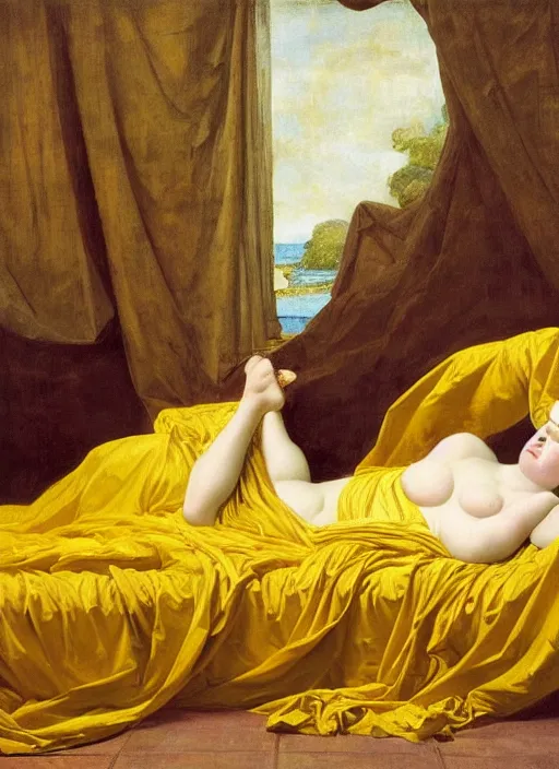 Image similar to masterpiece portrait of lady reclining on bed, rococo flowing cloth in wind raising twisting rising sheets floating in wind flying, wearing yellow ochre ornate medieval dress, vertical, foreshortening, colour photography by frederic leighton, william morris, 8 k