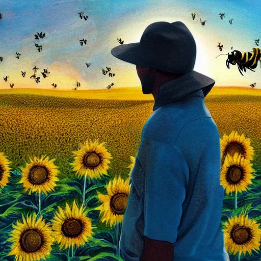 Image similar to painting of a man looking out into a sunset behind hills, bees around him, clouds everywhere in a sunflower field