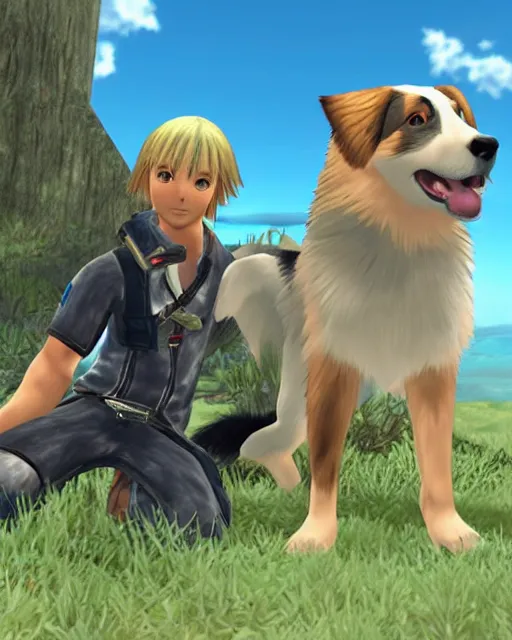 Prompt: australian shepherd with noah in xenoblade chronicles