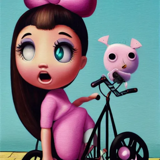Image similar to ariana grande on a tricycle, lowbrow painting by mark ryden and pixar and hayao miyazaki