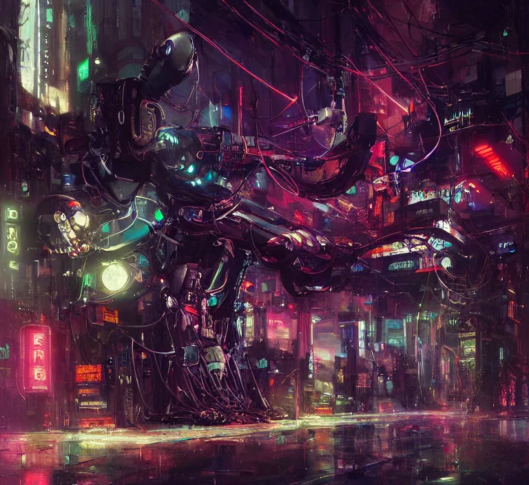 Image similar to robot cyborg unicorn, many wires and neon lights exposed, metal and glowing eyes, cyberpunk, highly detailed painting by jeremy mann and cd projekt red