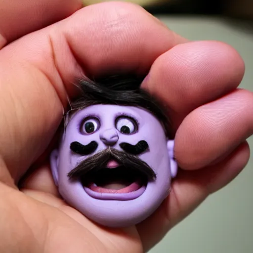 Image similar to tiny moustached homunculus with a huge mouth screaming and crying tiny little feet and purple skin, clay model