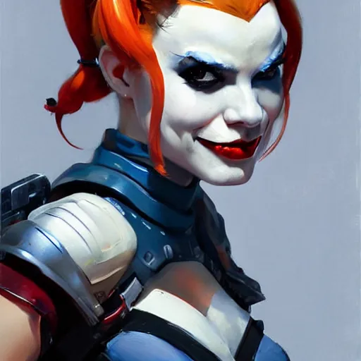 Image similar to greg manchess portrait painting of armored harley quinn as overwatch character, medium shot, asymmetrical, profile picture, organic painting, sunny day, matte painting, bold shapes, hard edges, street art, trending on artstation, by huang guangjian and gil elvgren and sachin teng