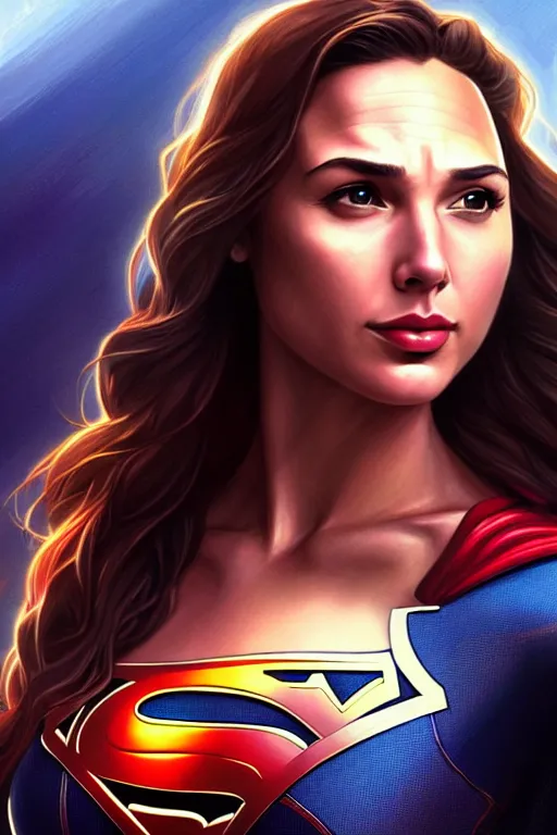 Image similar to gal gadot as supergirl, portrait,, highly detailed, digital painting, artstation, concept art, smooth, sharp focus, illustration, cinematic lighting, art by artgerm, alphonse mucha