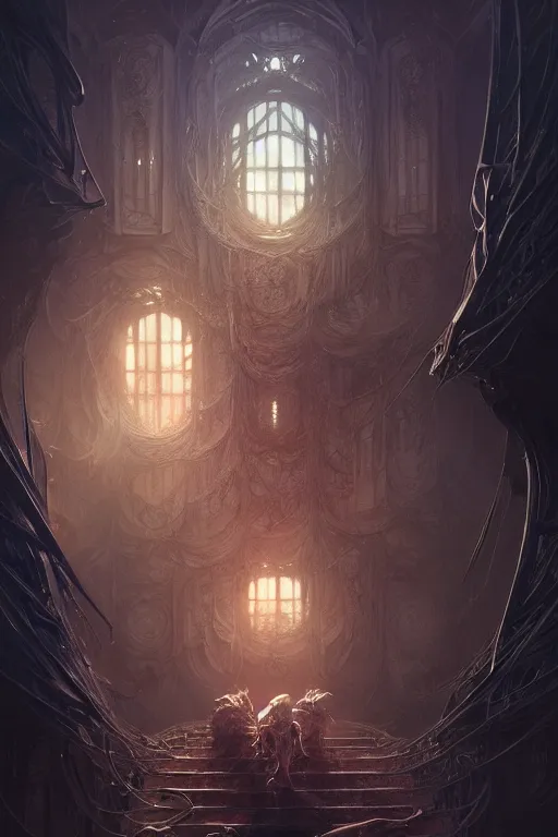 Prompt: professional concept art of a family horrendous mechanical predatory fractal! species in a dark room by artgerm and greg rutkowski. an intricate, elegant, highly detailed digital painting, concept art, smooth, sharp focus, illustration, in the style of cam sykes.