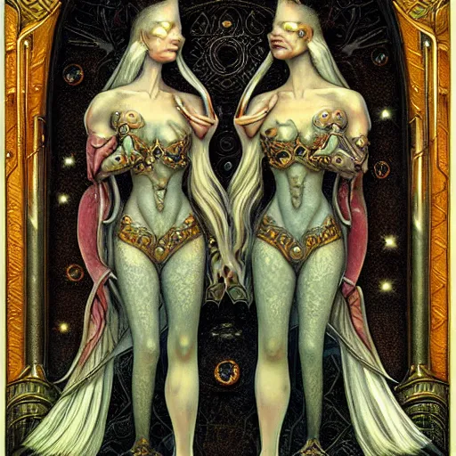 Image similar to detailed and sharp gemini artwork, mystic style, detailed, 8 k, detailed, symmetrical, by brian froud