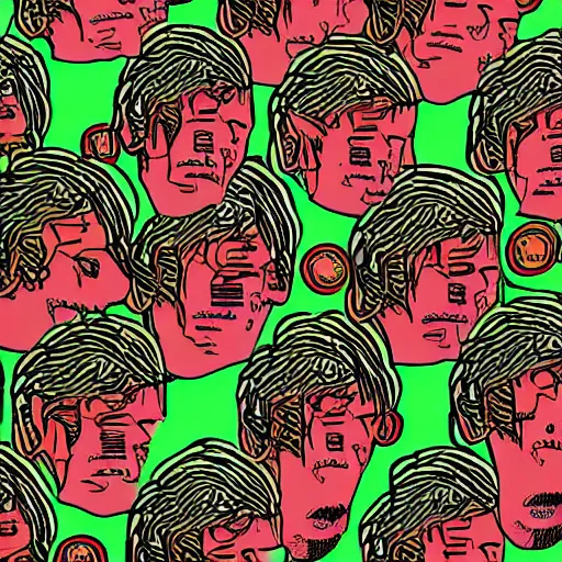 Image similar to thom yorke's head repeating, wallpaper pattern, neon colors, mod, pop art