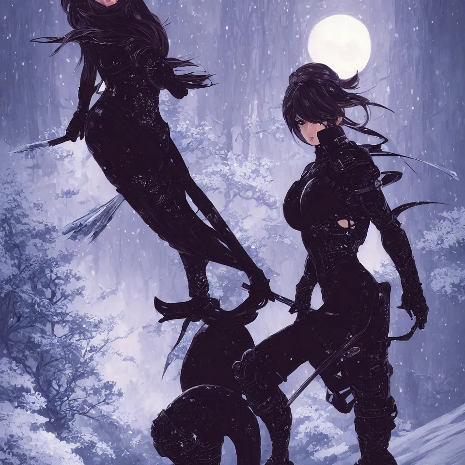 Prompt: portrait ninja gaiden girl, armored black plastic ninja wardrobe, at snowy fuji mountain moonlight, ssci - fi and fantasy, intricate and beautiful and elegant, digital painting, frostbite engine, artstation, concept art, smooth and sharp focus, illustration, art by tian zi and wlop and alphonse mucha