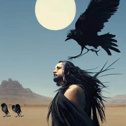 Prompt: Man with long black hair is followed by crows in the desert | front view man | crows in the background | painting by Greg Rutkowski