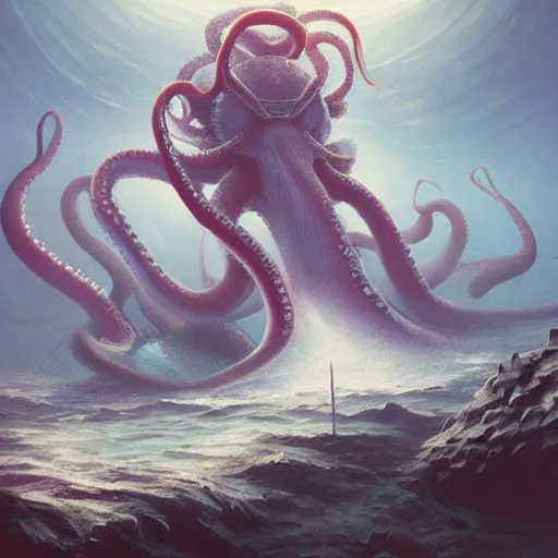 Image similar to A surreal and ethereal underwater landscape with a giant octopus, sci fi, trending on artstation, highly detailed, by Mandy Jurgens and Dang My Linh