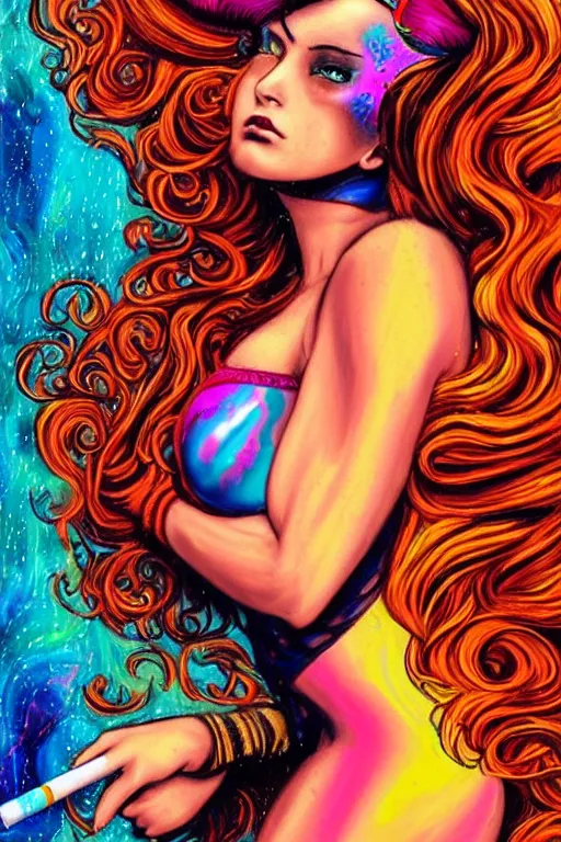 Prompt: a psychedelic detailed gorgeous acid trip painting of an extremely attractive superhero female character wearing a tight-fitting tan detective jacket, detective had on her head, beautiful [[[long red hair]]] in loose curls, slender woman, very curvy, noir, smoking a fancy long french cigarette, in the rain in the early evening, cinematic, dramatic lighting, full body view, cool pose, artwork by Artgerm and colors by Kenneth Rocafort, featured on artstation, cgsociety, behance hd