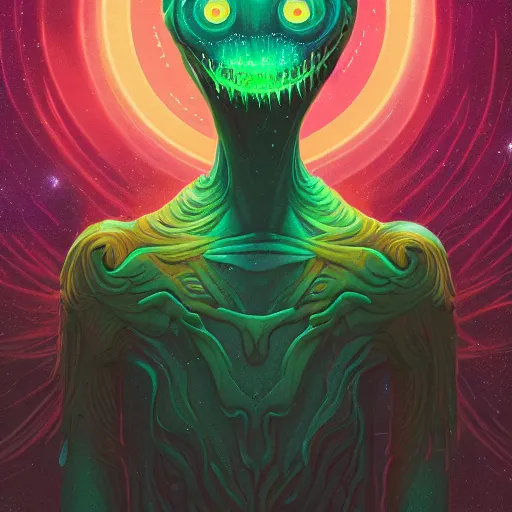 Image similar to glowing alien monster inspired by René Laloux, Dan Mumford, Greg Rutkowski,stars, cinematic