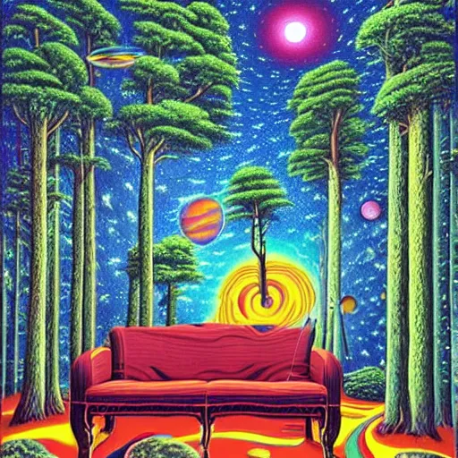 Prompt: psychedelic trippy lake pine forest, planets, milky way, sofa, cartoon by rob gonsalves