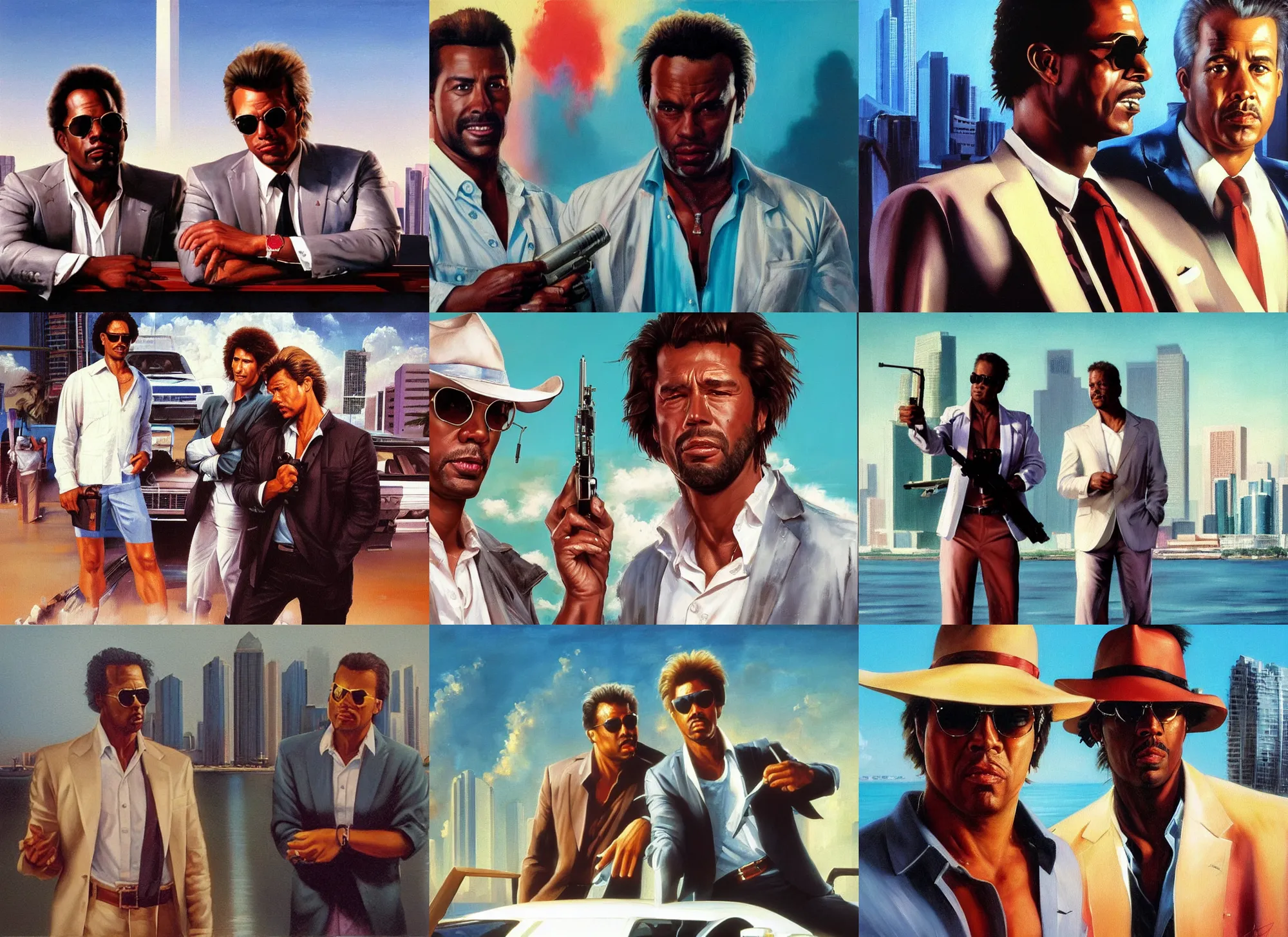 Prompt: an oil painting portrait of crockett and tubbs in eighties miami vice, ultra realistic, highly detailed faces, true to life, masterpiece, cinematic by frank frazetta, greg rutkowski, beeple, yoko taro, christian macnevin, beeple, wlop, krenz cushart, epic fantasy character art, volumetric lighting, folded arms