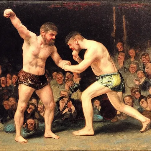 Image similar to bare knuckle boxing tournament by alfred stevens