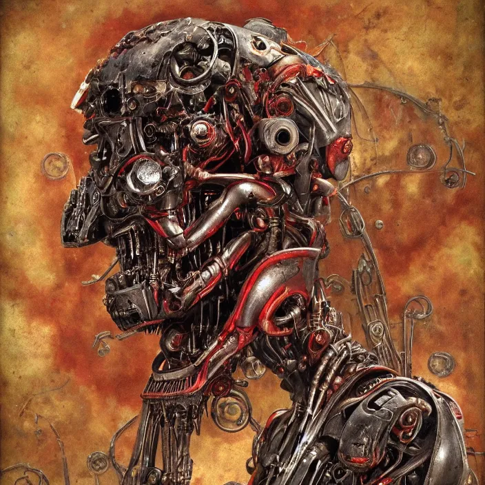 Image similar to in the art style of H.R. Giger a portrait of an evil, demented battle-damaged ruby Ultron from Age of Ultron, clockwork steampunk, head and chest only, by Beksinski, 4k, deviantart, trending on artstation, bio-chemical, bionic, fiber-optics, wires, electrical, short circuit, robocop, terminator, t-800, endoskeleton, steampunk