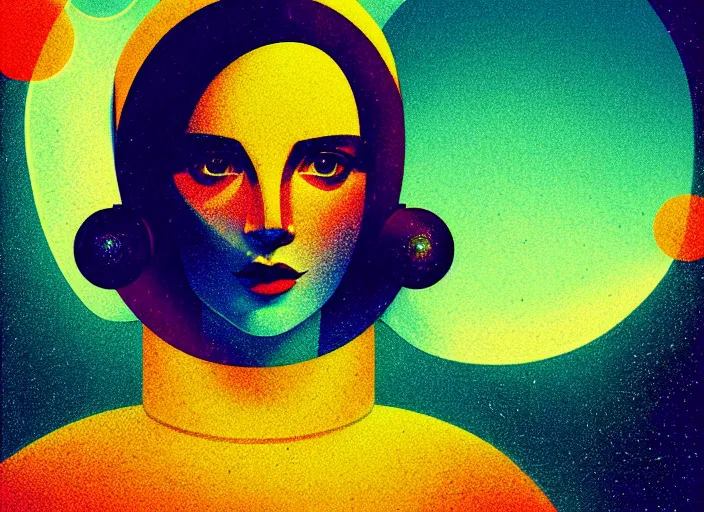 Image similar to portrait of a young astronaut girl, colorful,modern art deco, Mads Berg, Karolis Strautniekas, stippled light, fine texture, editorial illustration, dramatic lighting, dynamic composition, detailed, matte print, dynamic perspective