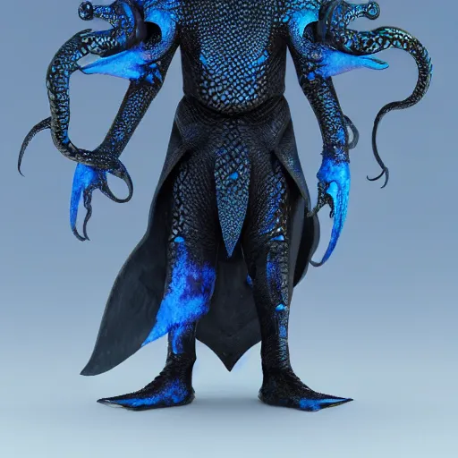 Prompt: detailed hypperrealistic artstation render, full body front view of a scaly black cloaked man, wearing a metallic blue squid mask. he holds in his hand a large knights blue greatsword, in addition tentacles emerge from his back like wings