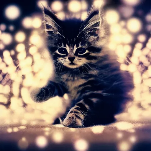 Image similar to !dream Photo of a cute extremely fluffy kitten playing with light double exposed with stars. Light painting. Bokeh. Whimsical. Magical.