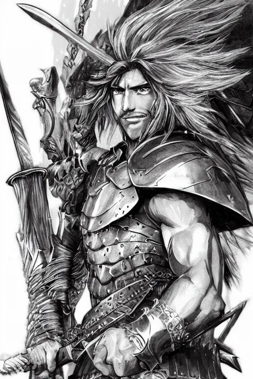 Image similar to A realistic anime portrait of a young handsome male barbarian with long wild hair, intricate fantasy spear, plated armor, D&D, dungeons and dragons, tabletop role playing game, rpg, jrpg, digital painting, by Ayami Kojima and Yusuke Murata and Kentaro Miura, concept art, highly detailed, promotional art, HD, digtial painting, trending on ArtStation, golden ratio, rule of thirds, SFW version