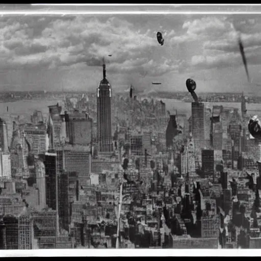 Prompt: vintage photo ( 1 9 3 6 ) of alien invasion in new york