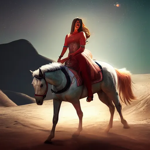 Image similar to A hyper real comic book style portait painting of Annita riding a horse on the moon, unreal 5, hyperrealistic, octane render, cosplay, RPG portrait, dynamic lighting